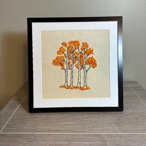 Framed Fall Autumn Embroidered Trees with French Knots Leaves / Gift